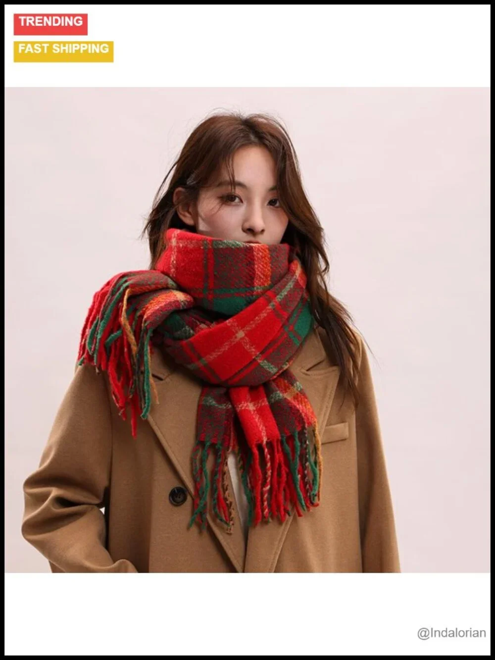 Scottish Tartan Plaid Scarf Soft Warm Faux Cashmere Wrap with Fringes for Women